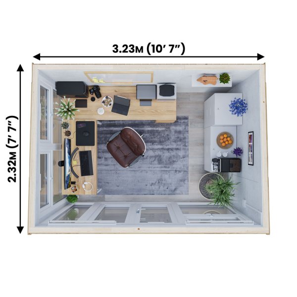 Dominator isoleret hjemmekontor 3,5x2,5m BxD på 8,7m2 - med ekstra vinduer (model 1)