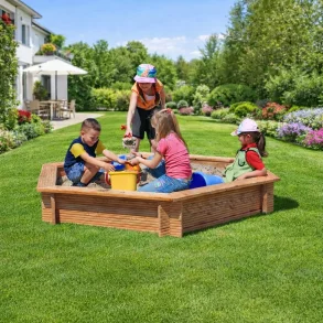 6-kantet sandkasse i l�rk �: 230 x 30 cm med plastafd�kning