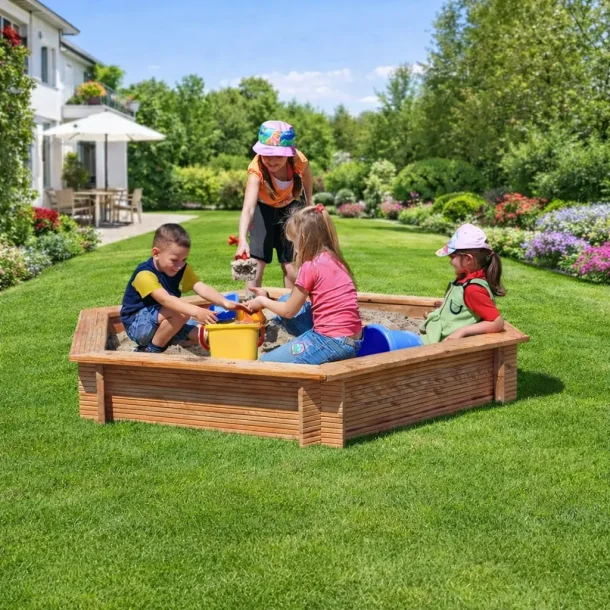 6-kantet sandkasse i l�rk �: 230 x 30 cm med plastafd�kning