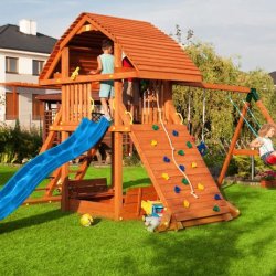 Store Saturn legetrn i teak med gyngestativ inkl. rutsjebane, klatrevg, sandkasse m.m.