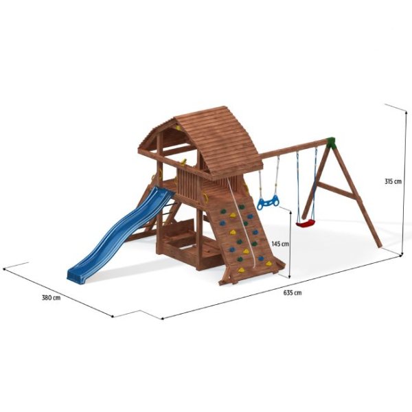 Store Saturn legetrn i teak med gyngestativ inkl. rutsjebane, klatrevg, sandkasse m.m.
