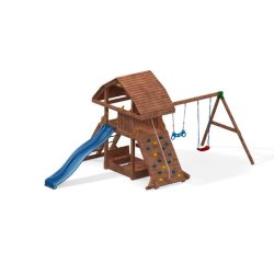 Store Saturn legetrn i teak med gyngestativ inkl. rutsjebane, klatrevg, sandkasse m.m.