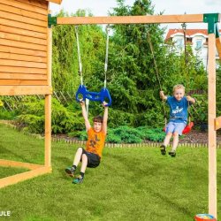 Store Saturn legetrn i teak med gyngestativ inkl. rutsjebane, klatrevg, sandkasse m.m.