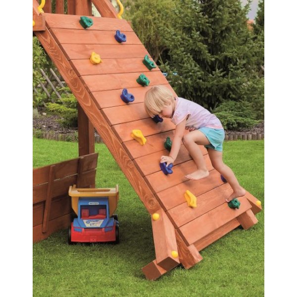 Store Saturn legetrn i teak med gyngestativ inkl. rutsjebane, klatrevg, sandkasse m.m.