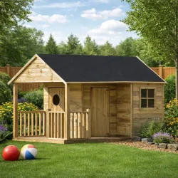 Simon legehus med udh�ng - klassisk tr�legehus 4,2m2 til leg og kreativ udfoldelse