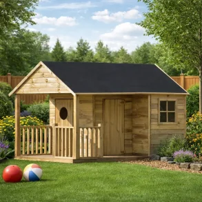 Simon legehus med udh�ng - klassisk tr�legehus 4,2m2 til leg og kreativ udfoldelse