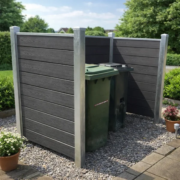 Nice skraldespandsskjuler i komposit � elegant og vedligeholdelsesfri l�sning med galvaniserede st�l