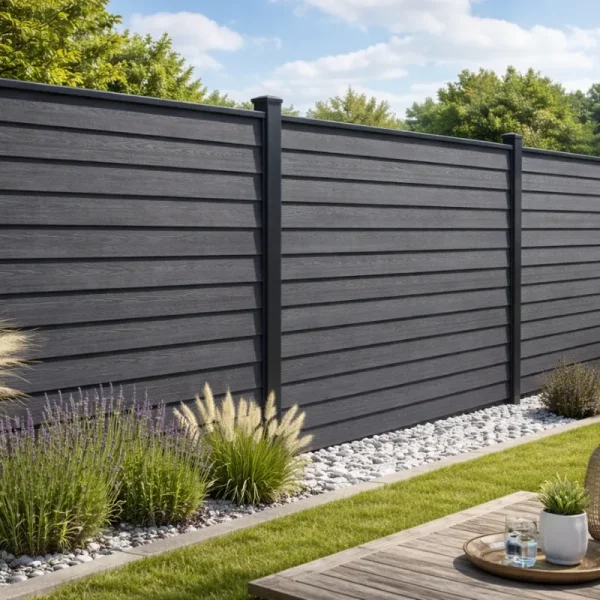 S�lvklasse: Stockholm dobbeltklink komposithegn med pulverlakeret galv. st�lstolper og tilbeh�r