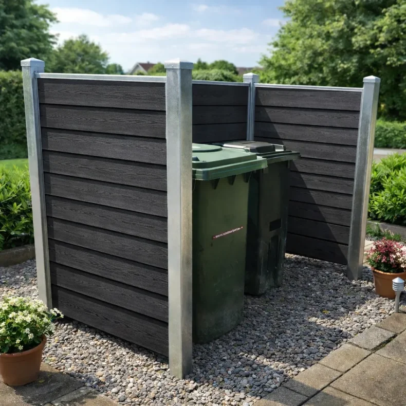 Stockholm skraldespandsskjuler i komposit med galvaniserede st�lstolper