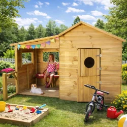 Legehus Ella - tr�legehus med terrasse, b�nk og k�bmandsdisk 1,54m2