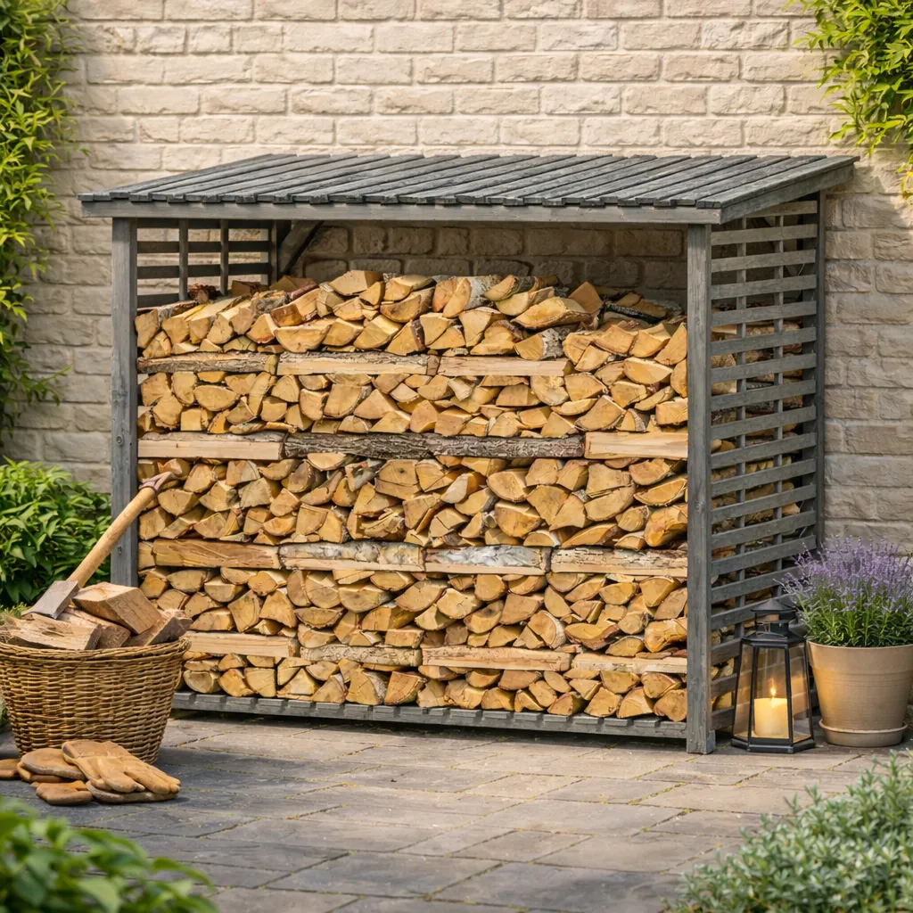Brændeskur model XL i grå trykimprægneret træ rummelig og stilren opbevaring uden bagvæg